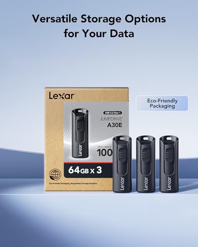 Lexar 64GB A30E USB 3.2 Gen 1 Flash Drive, Read Speed 100MB/s, USB Type-A, Lightweight