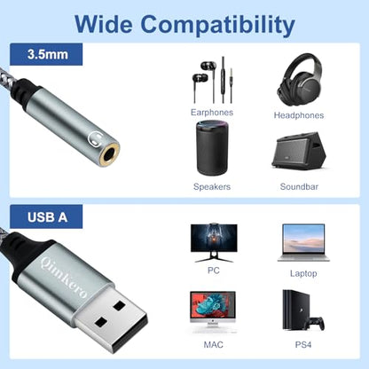 QimKero External Stereo Sound Card QK009 USB-A to 3.5mm TRRS 4-Pole Female Audio Adapter
