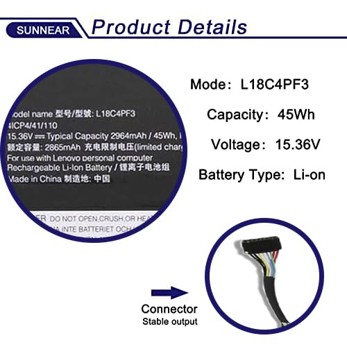 SUNNEAR 45Wh L18C4PF3 Li-ion Laptop Battery NP-40-12S Voltage 15.36V