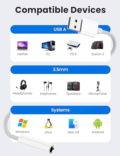 Fidioto USB 3.5mm Audio Jack Adapter USB-A 2 Ports