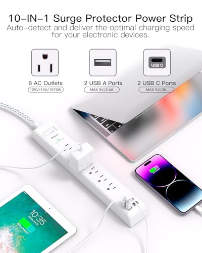 Mifaso 12.14x1.9in Surge Protector Power Strip MFS311T 6AC & 4USB 125V