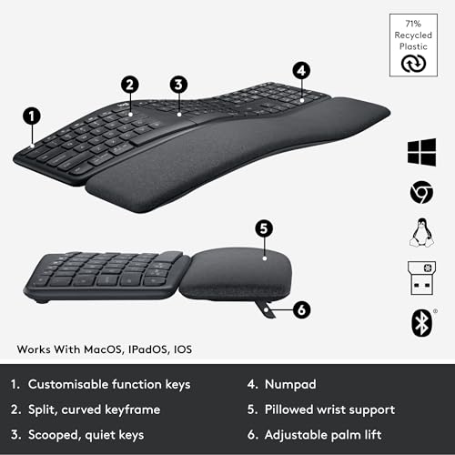 Logitech Ergo K860 105-Key Wireless Split Keyboard QWERTY Bluetooth USB Compatible with Windows and Mac