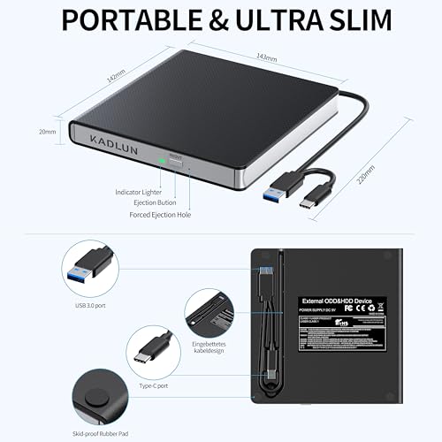 Kadlun 5.6" External CD DVD Drive SY905 USB 3.0 USB Type C Optical Drive
