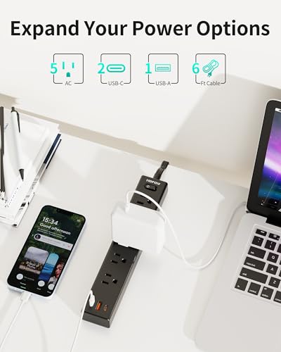 HOPOW 6 ft Power Strip QV560-CU 5 Outlets 3 USB Ports 1700 Joules Black