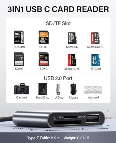 Hicober 3-in-1 USB-C SD Card Reader, 2TB Capacity, USB 2.0 Interface, Compact Design, Compatible with Multiple Devices