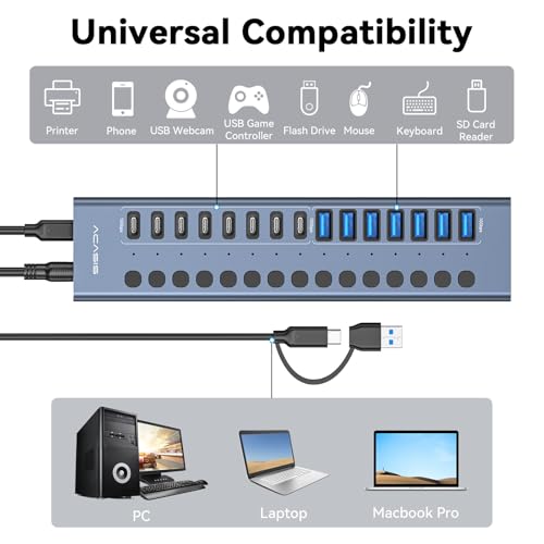ACASIS 16-Port USB 3.2 Hub, 8 USB-A & 8 USB-C, 10Gbps, Aluminum, Compatible with Windows & Mac