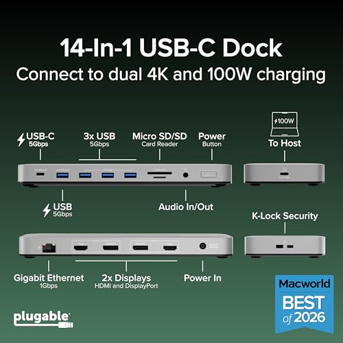 Plugable USB C Laptop Docking Station 4K 60Hz UD-6950PDH