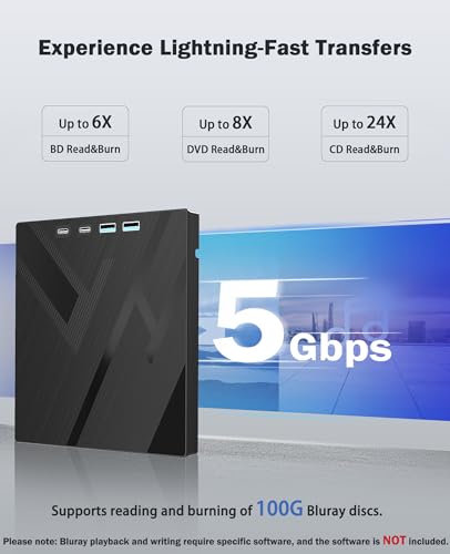 Wbacon External Blu-ray Drive Model Wbacon USB 3.0 Type C 100GB External Optical Reader A-2 MB Cache