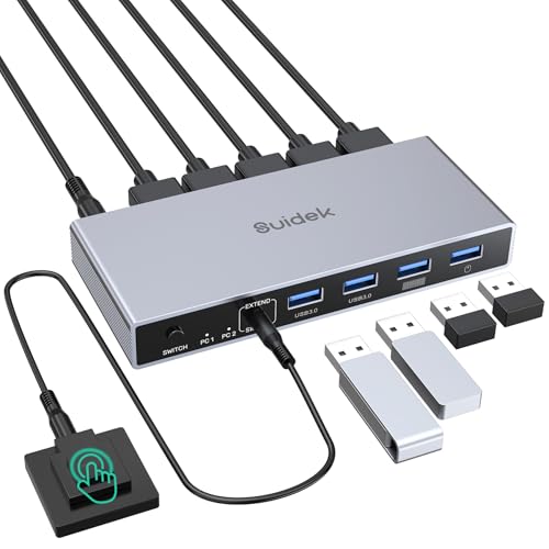 SUIDEK HDMI KVM Switch 2 Computers 2 Ports 5V 2A Push Button Surface Mount Aluminum