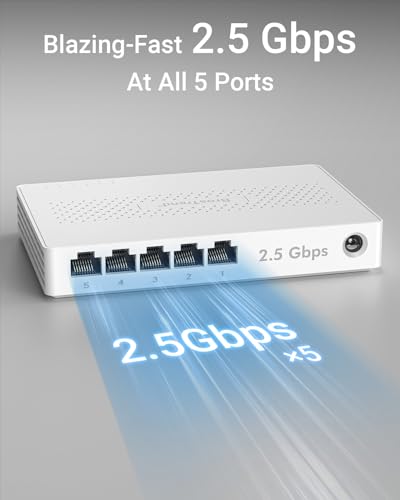 BrosTrend 5-Port 2.5G Ethernet Switch Unmanaged Ethernet Connectivity with 5 RJ45 Ports 2.5 Gbps Data Rate Desktop/Walls Mountable