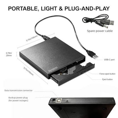 Synteryx Slim CD/DVD Burner USB-A USB-C Portable External Drive