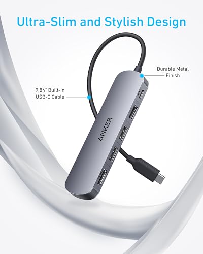 Anker 5-in-1 A8357 USB C Hub with HDMI, USB A 3.0 and 2.0 Ports, 90W Power Delivery, Aluminum Enclosure, Gray