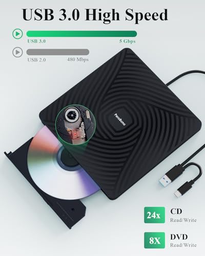 PeroBuno 0.5-Inch Ultra-Slim External CD/DVD Drive Model BT620 with USB 3.0 Type A and Type C Connectivity