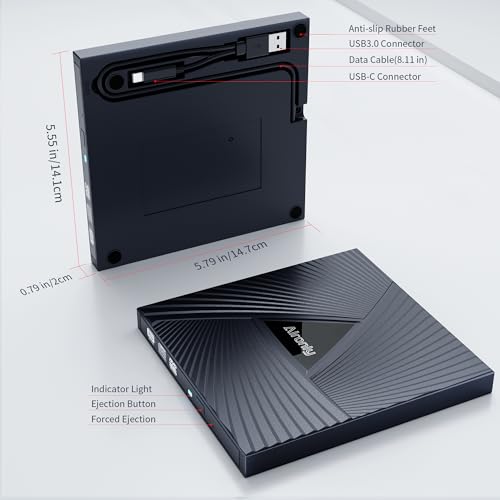 Alronly Portable External CD/DVD Drive, USB 3.0 & Type-C, 6.2" x 5.9" x 0.59", Compatible with PC and Mac