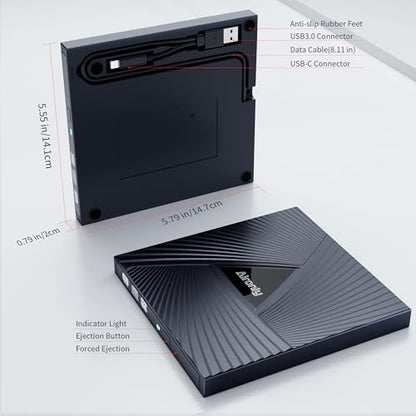 Alronly Portable External CD/DVD Drive, USB 3.0 & Type-C, 6.2" x 5.9" x 0.59", Compatible with PC and Mac
