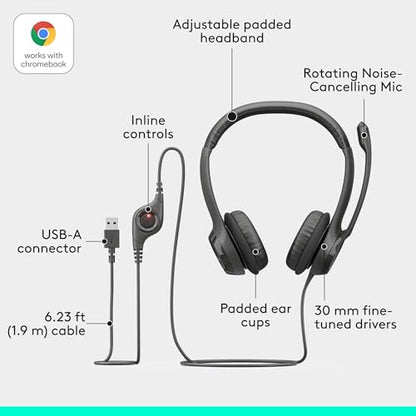 Logitech Model 981-000014 USB Wired Headset, Stereo, Noise Cancelling Microphone, Black