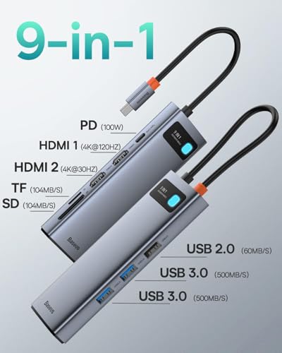 Baseus 5.31" x 1.93" Laptop Docking Station 9-in-1 USB C Hub 2 HDMI 4K@120Hz Dual Monitor 1000Mbps LAN 85W PD