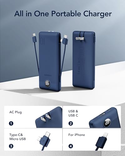 VEGER 10000mAh V1115 Power Bank - Slim Design with Built-in AC Plug - 4 Port Charger - Lithium Polymer - Navy