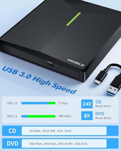 ORIGBELIE External CD/DVD Drive 24xCD/8xDVD USB 3.0 Portable