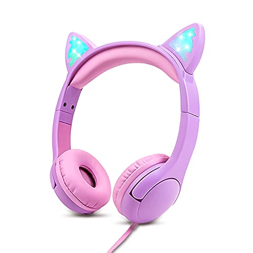 Olyre K06 Cat Ear Kids Headphones, 85dB Volume Control, On-Ear, Wired, 30mm Dynamic Driver System, Water Repellent, Purple