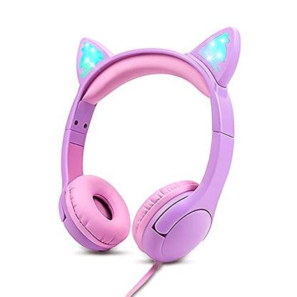 Olyre K06 Cat Ear Kids Headphones, 85dB Volume Control, On-Ear, Wired, 30mm Dynamic Driver System, Water Repellent, Purple