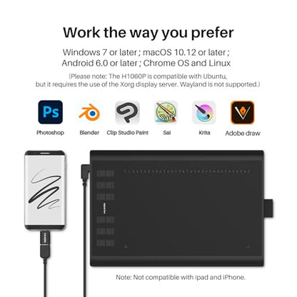 HUION 10in Inspiroy H1060P 1920x1080 USB Drawing Tablet