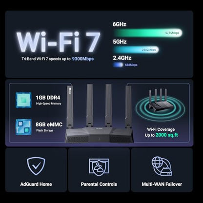 GL.iNet Tri-Band GL-BE9300 Flint 3 Wi-Fi 7 Router, 12.5 Gbps Data Transfer, 2500 Mbps LAN, 4 Antennas, 2000 Square Feet Coverage