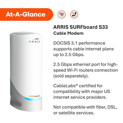 ARRIS S33 Multi-Gig Cable Modem | 2.5Gbps Ethernet Connectivity | 2 Ports | Cable Internet Compatible