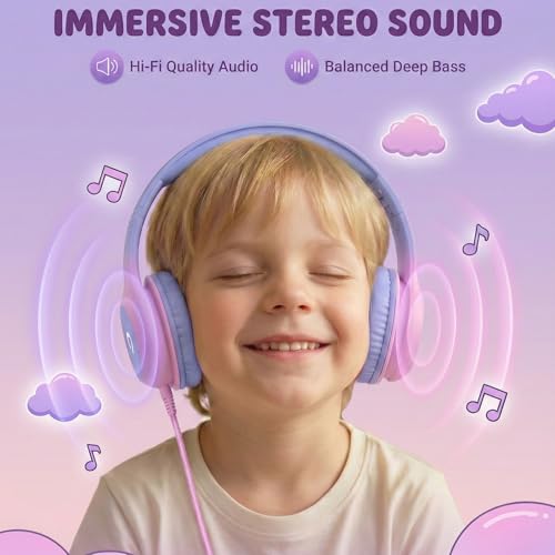 ADOOPE Wired Kids Headphones AD532 Light Purple & Pink Over Ear USB C Safe Volume 85dB