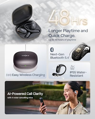 SHOKZ T921 OpenFit 2+ Headphones, Wireless, Bluetooth 5.4, Black