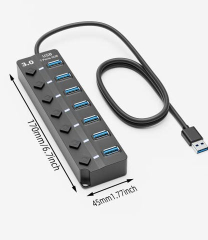 PANPEO USB 3.0 Hub 7-Port Splitter 3ft Cable for PC, PS4/5, Mobile HDD, Data Transfer Rate 5Gbps
