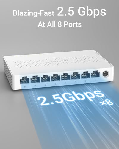BrosTrend 8-Port 2.5G Ethernet Switch, Unmanaged Network Switch, 2.5 Gigabit, RJ45 Interface, 12 Watts Power, White