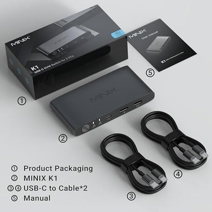 MINIX K1 USB-C KVM Switch 2 Computers 120 Volts 5 Amps Normally Closed Metal Packed