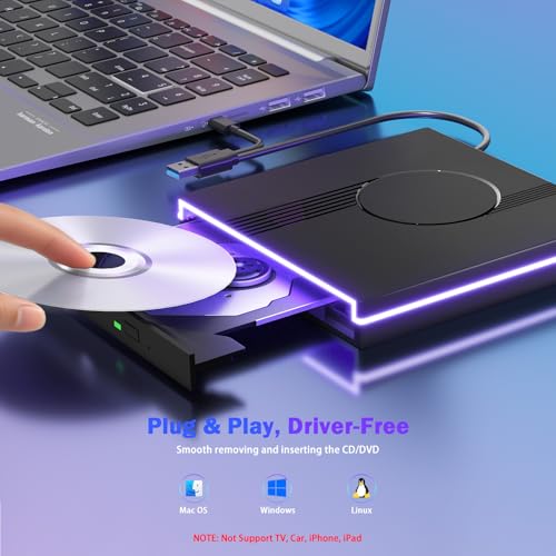 Wbacon External DVD Drive 0759357095619, USB 3.0 Type-C, 8X DVD Read/Write, Portable Optical Drive