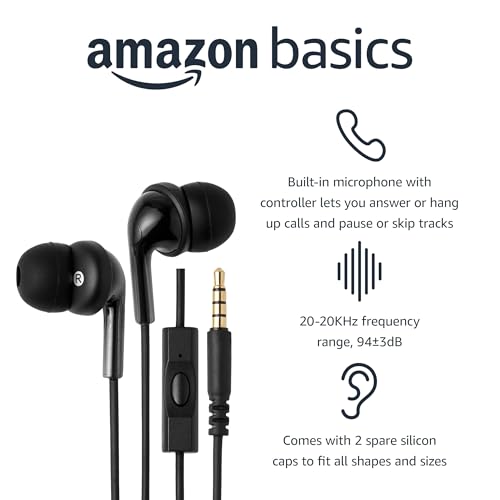 Amazon Basics 3.5mm Jack Wired Earbuds with Built-In Microphone Model 17E13BK