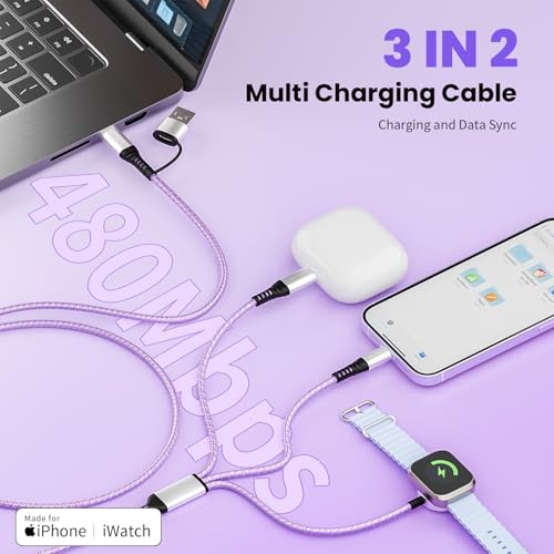 Jogrytece 5FT BYX-iWatch-Purple 3 in 2 USB Type A+C Multi Charging Cable