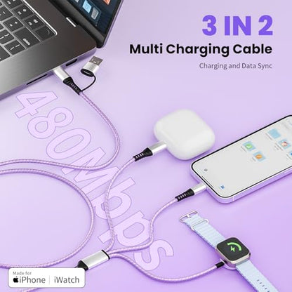 Jogrytece 5FT BYX-iWatch-Purple 3 in 2 USB Type A+C Multi Charging Cable