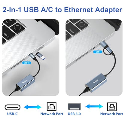 Denlane USB 3.0 to USB Type-C Ethernet Adapter 1000Mbps Dual Port