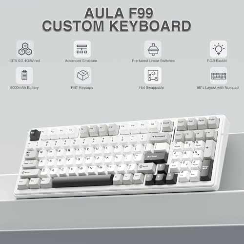 AULA F99 99-keys Wireless Mechanical Keyboard QWERTY 2.4GHz/BT5.0/USB-C Linear Switch, Black&Grey&White