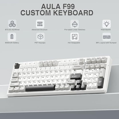 AULA F99 99-keys Wireless Mechanical Keyboard QWERTY 2.4GHz/BT5.0/USB-C Linear Switch, Black&Grey&White