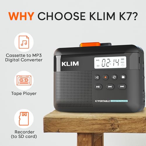 KLIM 4.76 x 3.61 x 1.56 inches Cassette Player Model K7 - Portable - Rechargeable - 16GB SD Card Included