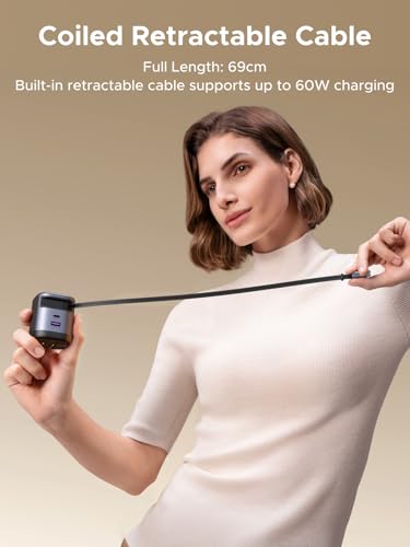 UGREEN 65W USB Type C Wall Charger with Built-in Retractable Cable, Model X605