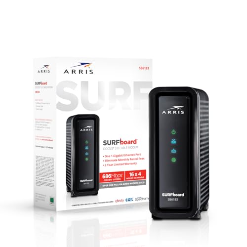 ARRIS SB6183 Black Cable Modem, 131 Mbps Upload, 686 Mbps Download, DOCSIS 3.0, Ethernet Connectivity