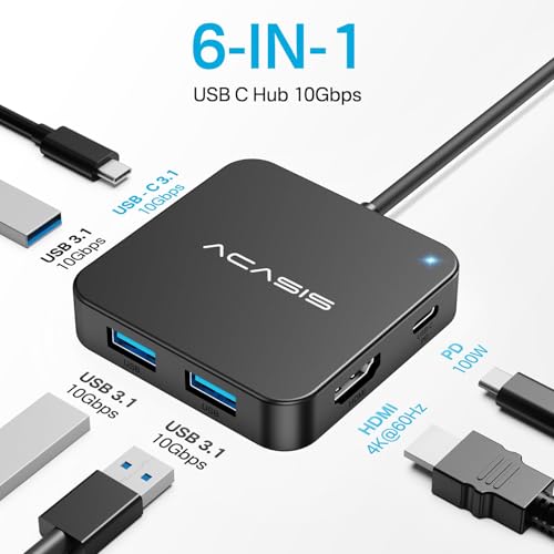 ACASIS USB Hub 6-in-1 AC-HC31-A USB 3.2 10Gbps 100W Charging USB-C Multiport Adapter
