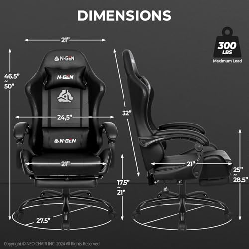 N-GEN GAMING 27.5"x24.5"x50" Adjustable Chair Model NG2601A-BK Indoor Seating