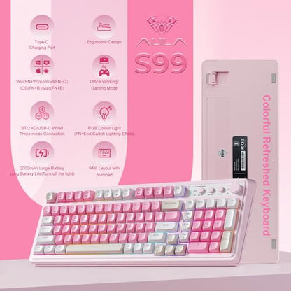 AULA 99 Key Keyboard S99 Bluetooth USB-C Water-Resistant Pink