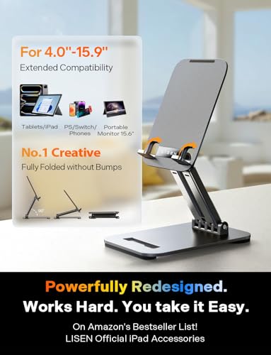 LISEN 2E56 Adjustable Tablet Stand Black Plastic Ergonomic Tabletop Holder