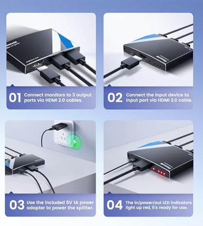 NEWCARE HDMI Splitter 1 in 3 Out, 4K@60Hz, HDMI 2.0, Black