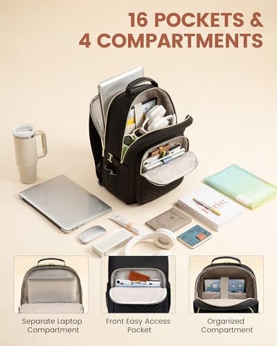 LOVEVOOK 15.6" Black Laptop Backpack - Classic Design - 4 Compartments - 16 Pockets - Water Resistant - Suitable for College/University