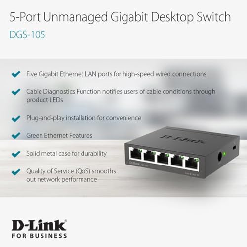 D-Link 5-Port Gigabit Ethernet Switch Model DGS-105 Compact Desktop Plug and Play - Black